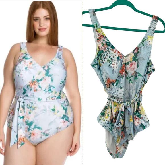 BECCA by Rebecca Virtue Femme Flora One Piece Swimsuit Blue Plus Size 0X‎ - Picture 1 of 11